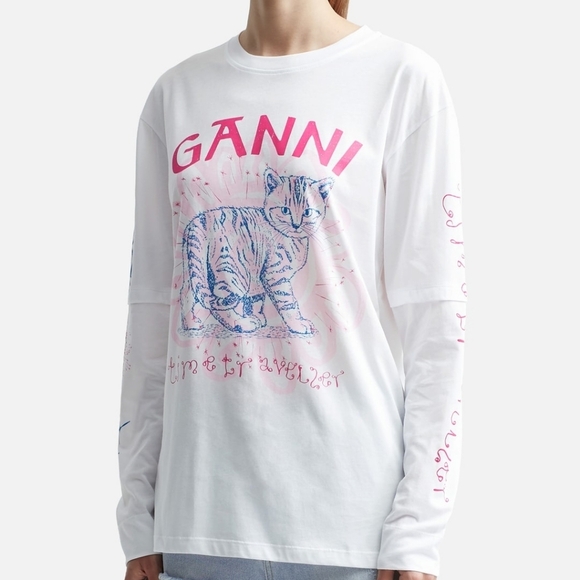 Ganni White Long Sleeve Tee with Pink and Blue Graphics - Picture 3 of 16